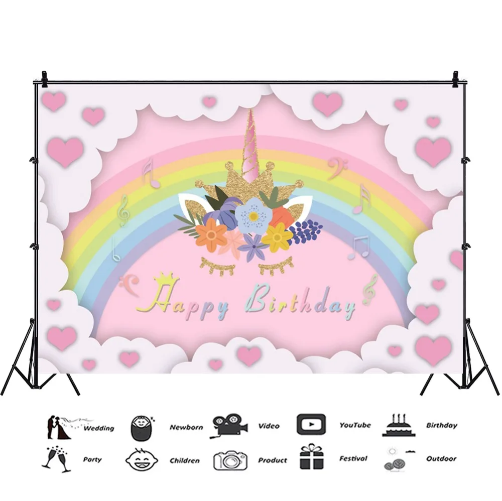 Laeacco Rainbow Backgrounds Baby Birthday Unicorn Party Gold Crown Flowers Child Portrait Photography Backdrops For Photo Studio