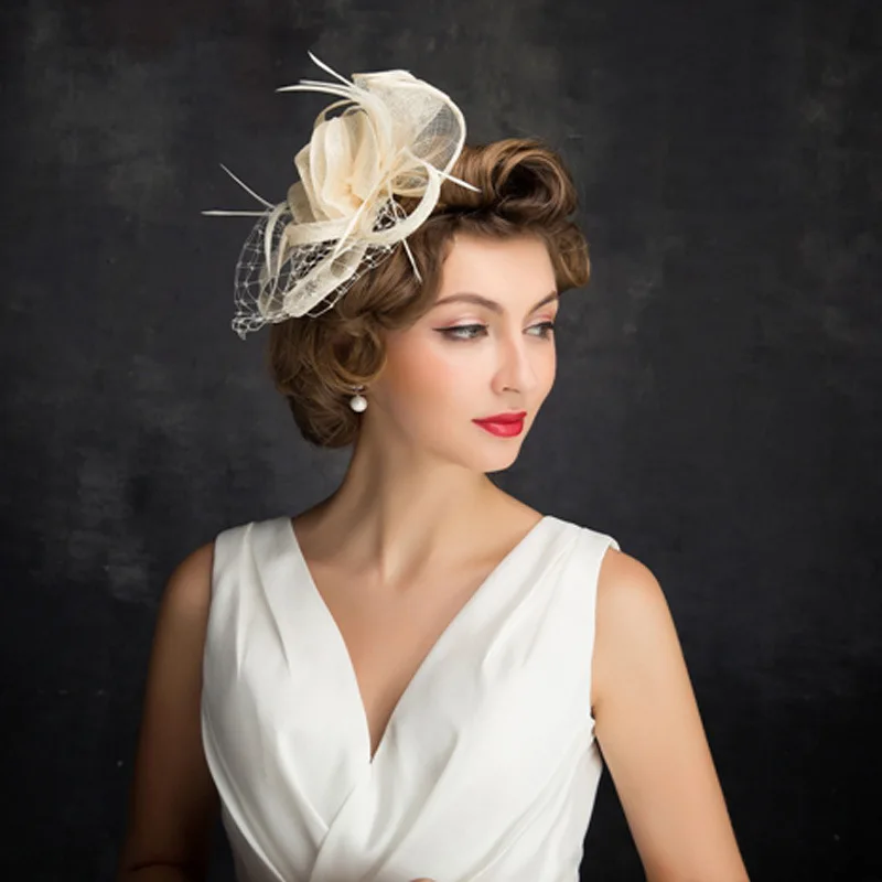 Стиль шляпа, перо, лен, халат, британская шляпка, свадебное платье женская голова одежда цветок - Цвет: Слоновая кость