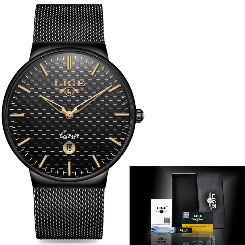 LIGE Модные мужские s часы лучший бренд класса люкс ультра тонкие кварцевые часы для мужчин стальной сетчатый ремешок водонепроницаемые спортивные часы Relogio Masculino - Цвет: black rose gold