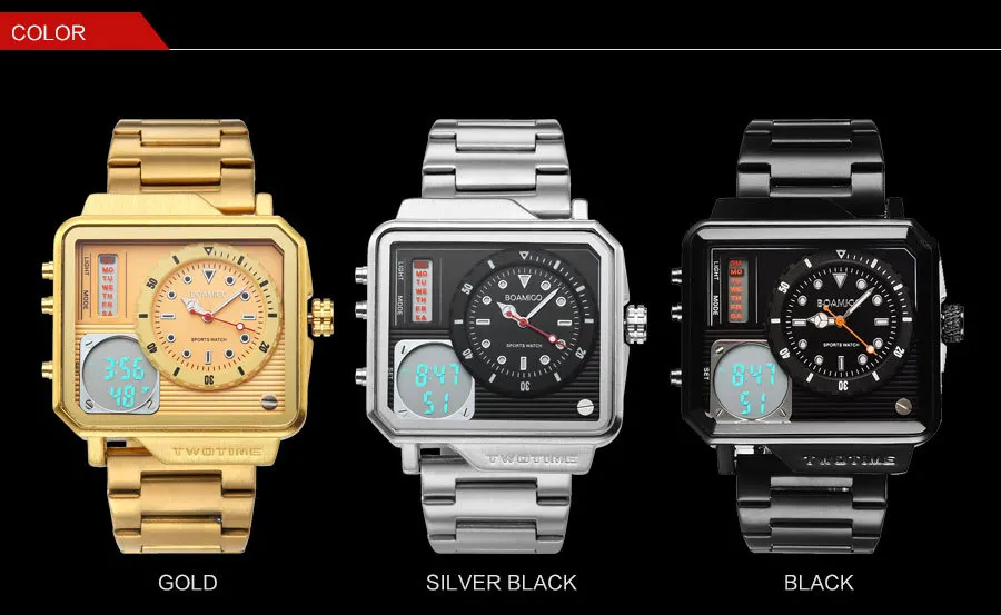 Бренд BOAMIGO, мужские спортивные цифровые часы, 2 часовых пояса, большой дизайн, мужские модные часы, прямоугольные кварцевые наручные часы, Relogio Masculino