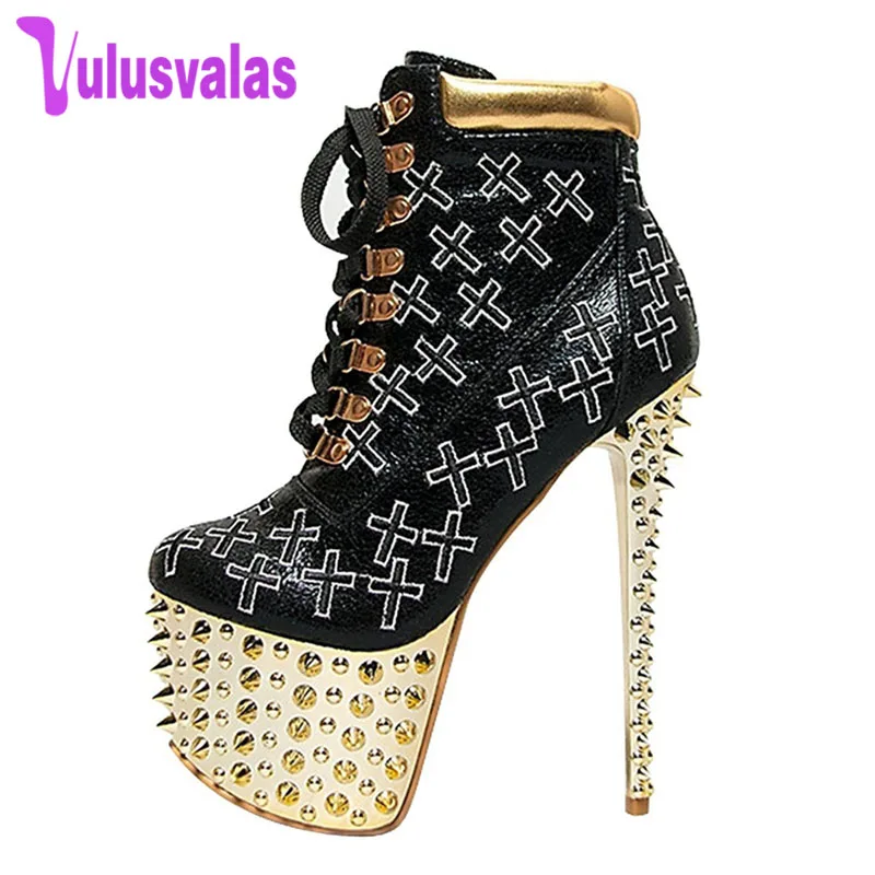 

VulusValas Women Pumps Female Rivets High Platform Pointed Toe Thin Heels Pumps Stylish Lace Up Heeled Shoes Woman Size 35-46