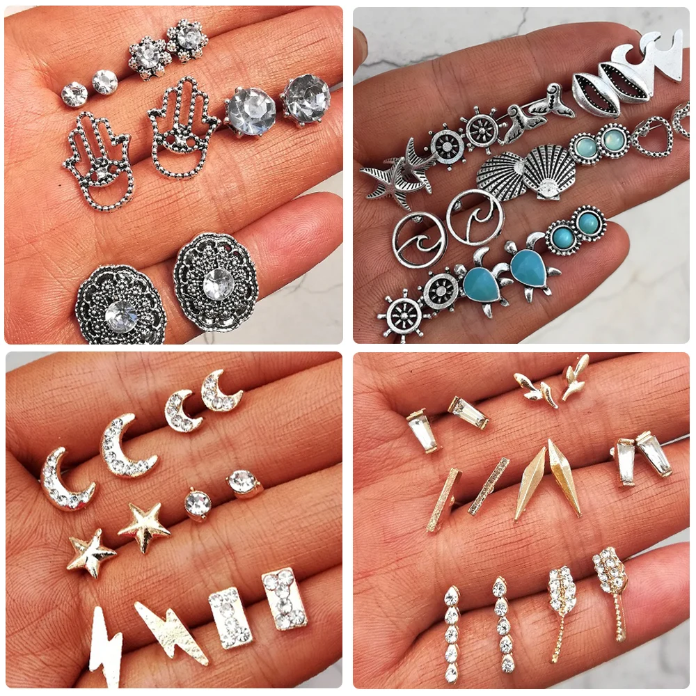 

Bohemian Rudder Starfish Turtle Shell Stud Earrings Set For Women Vintage Heart Round Earring Boho Statement Jewelry 2018 New