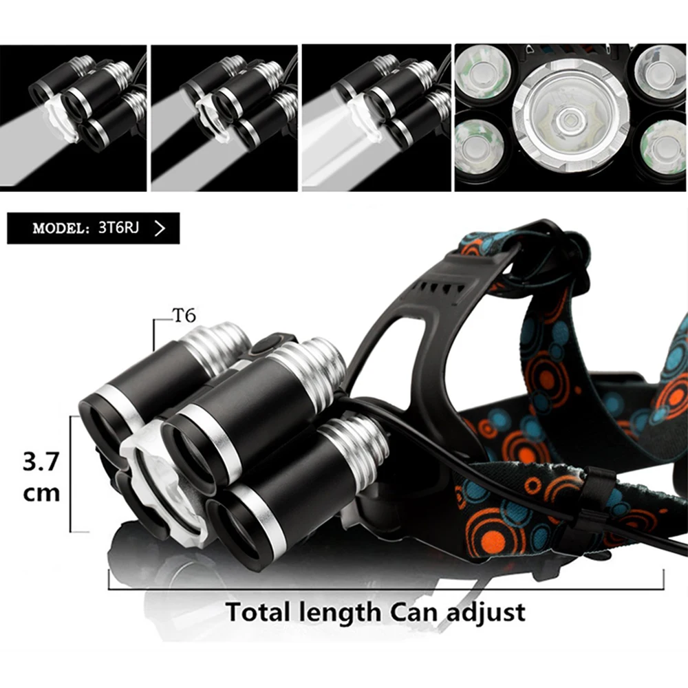 Супер яркий светодиодный налобный фонарь с 5 x T6 светодиодный лампа фары 4 режима освещения, используемые для отдыха на природе, туристических походов, рыбалки и т. д