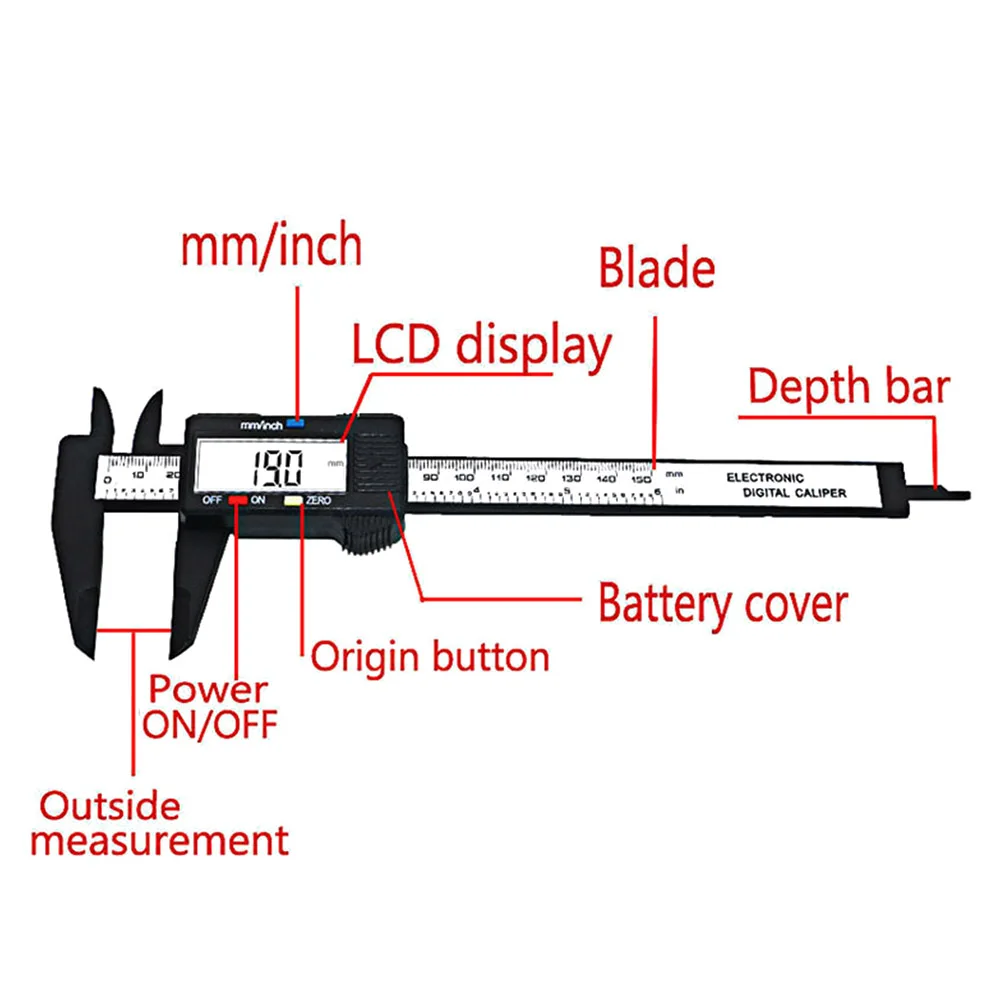 Цифровой Электронный штангенциркуль из углеродного волокна с ЖК-дисплеем, микрометр, измерительный инструмент 0-150 мм, пластиковый цифровой штангенциркуль