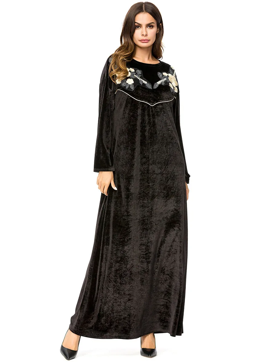 Арабское платье круглый средства ухода за кожей Шеи халат черный Дубай стиль вышивка для женщин леди мусульманская одежда Дубай абаи