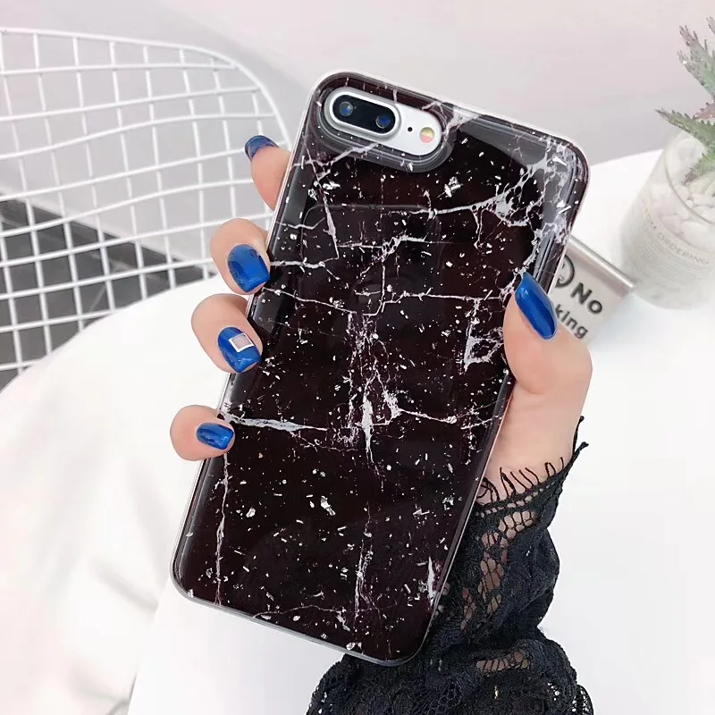 Black Marble Paint Pattern Back Cover TPU Bling Glitter Shell Shining Pink Soft Couple Cute Phone Case for iPhone6 6S 7 7S 8 X plus
