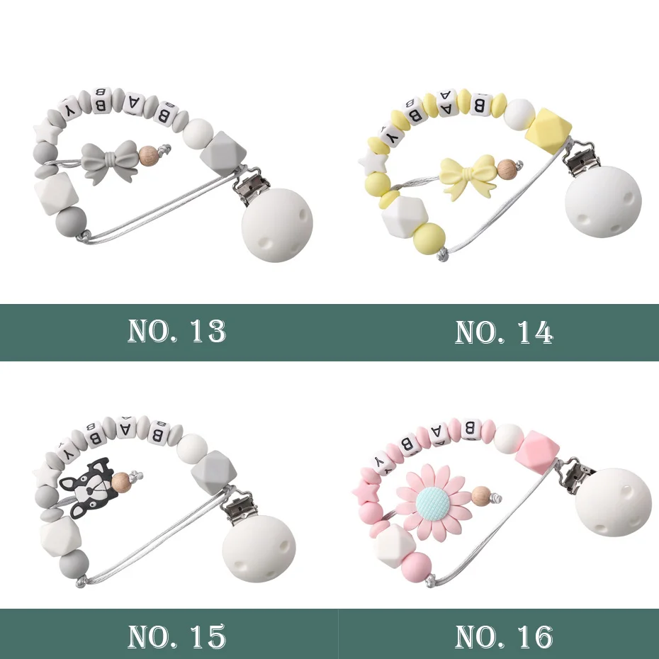 Let's make 1pc Personalized Name Dummy Clip Food Grad Silicone Chew Beads Round Teething DIY Baby Teething Pacifier Clips Chains