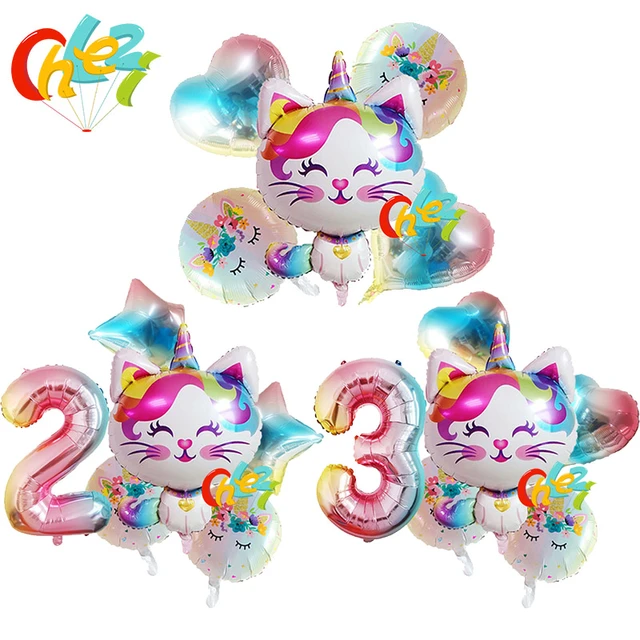 6 pièces licorne arc-en-ciel chat ballon en aluminium 32 pouces dégradé  couleur nombre ballon