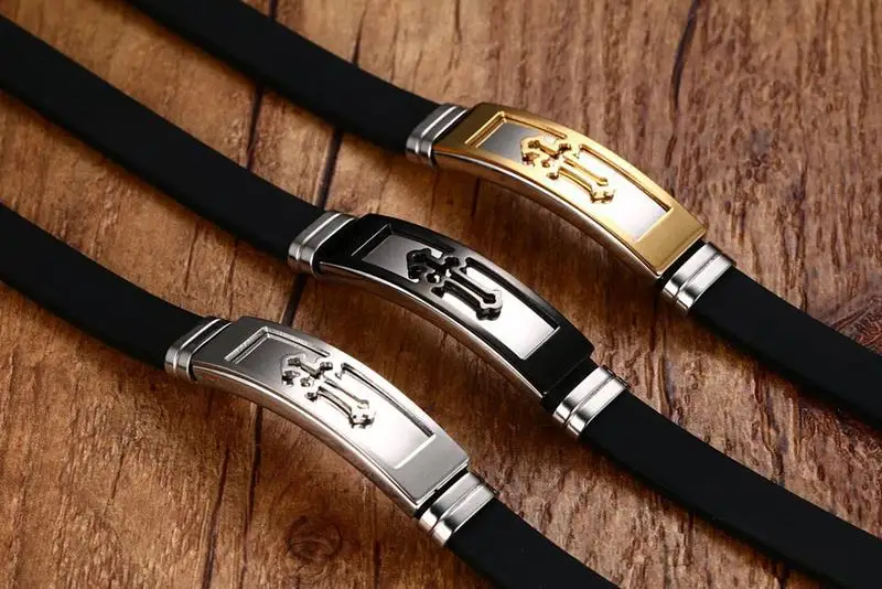 Мужской модный черный силиконовый браслет, качественный браслет из нержавеющей стали с застежкой и крестиком, жесткий браслет-обруч
