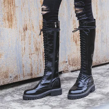 

PXELENA NEW British Knee High Riding Boots Genuine Leather Low Heels Lace Up Military Combat Knight Army Motorcycle Boots