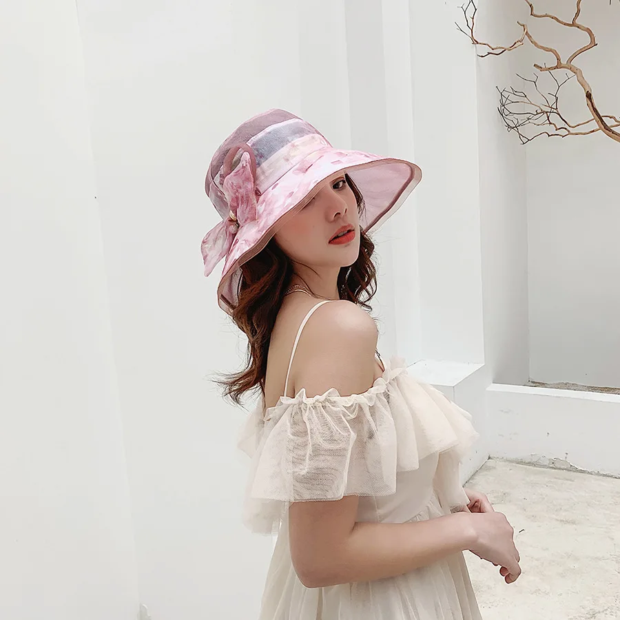 Шляпа милый SunHats лук большой с мягкими полями Для женщин пляжные Кепки пляж складной полями Повседневное Glris Летние путешествия