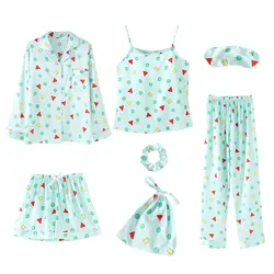 Женские пижамные комплекты из 7 предметов, пижамы из искусственного шелка, женские комплекты для сна, пижамный комплект, летние топы + шорты