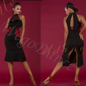 

New latin tassel Dance Dress Practice Embroidery Open Back Tassel Dresses woman freeshipping