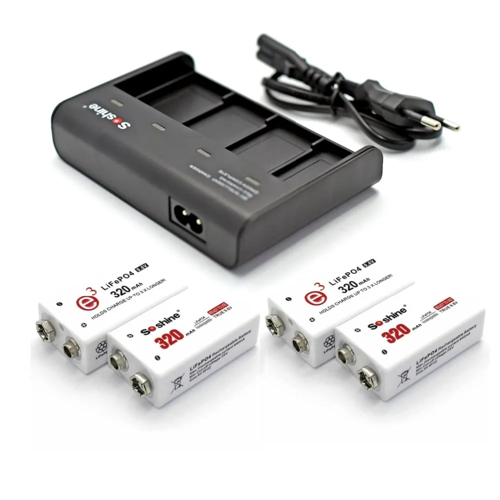 4 шт. Soshine LiFePO4 9 6 V 320 mAh перезаряжаемые батареи 9В Батарея с V4 ЕС Зарядное