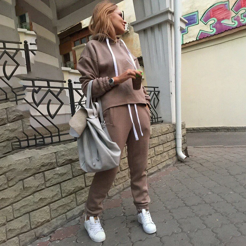 

Bigsweety 2 piece sets Casual women solid hooded hoodies + trousers suits autumn spring pullover fleece & loose pants New