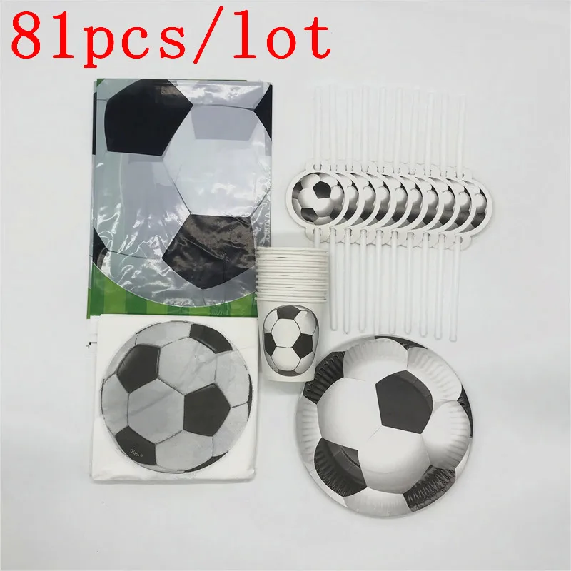 

White Football Theme 81Pcs/lot Kids Happy Birthday Paper Cup Plate Straw Napkin Tablecover Christmas Decoration For Home Supply
