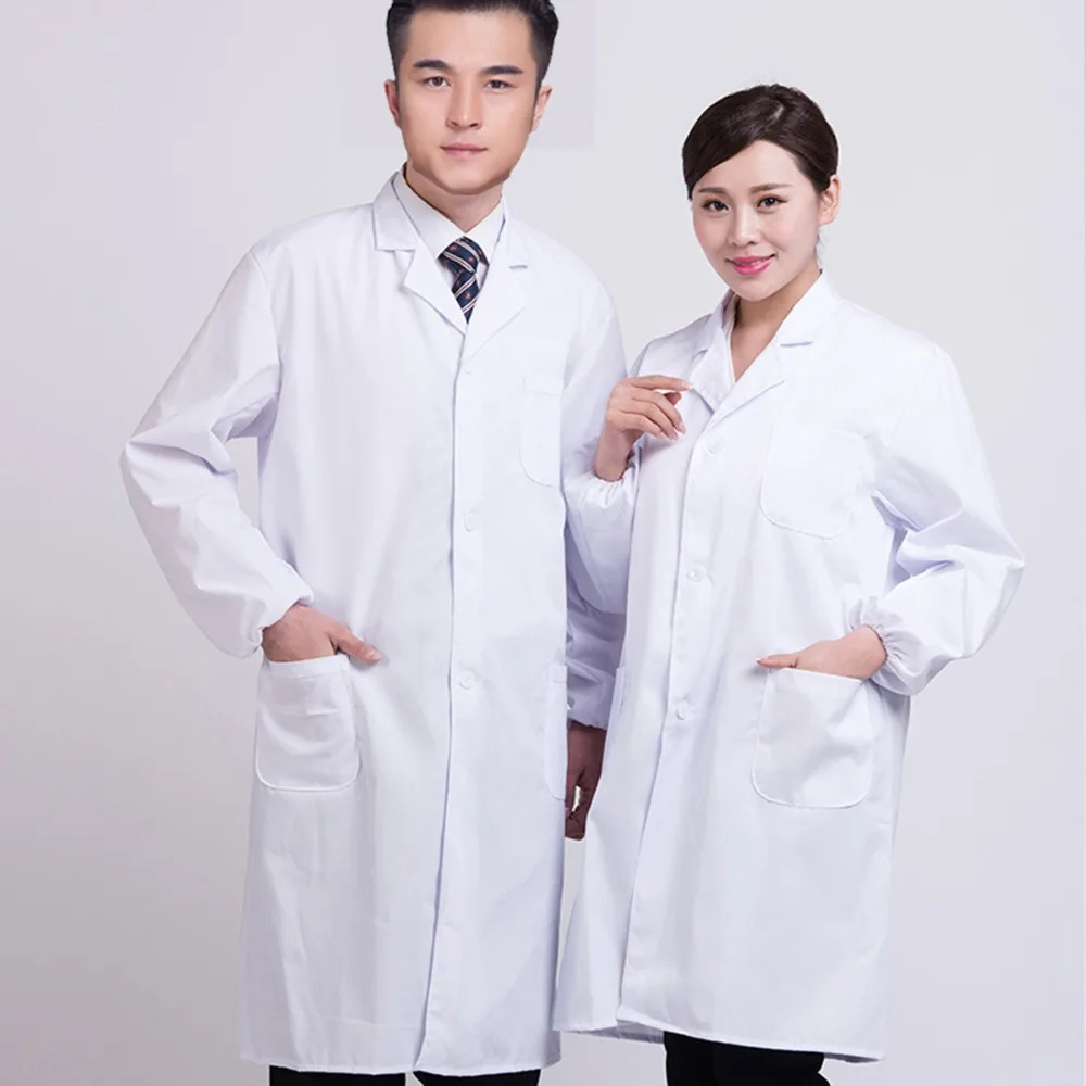 Casual Women Men Unisex White Lab Coat Long Sleeve Pockets Uniform Work
