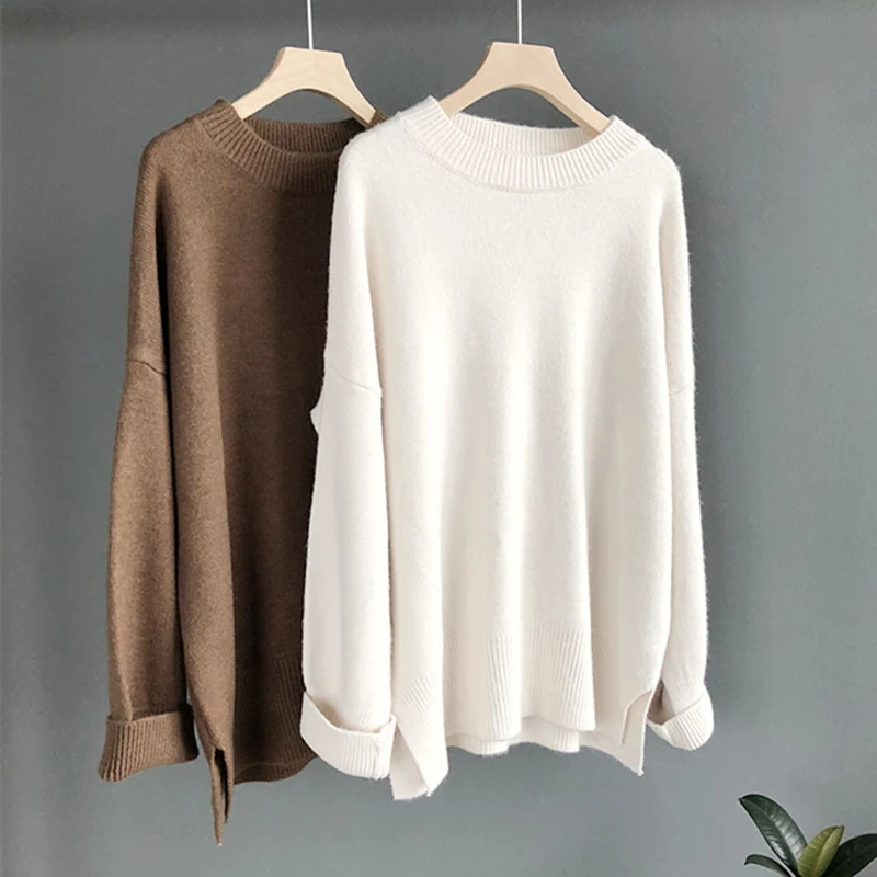 2018 Coffee Women Thick Sweaters Long Sleeve O Neck Solid Beige Warm