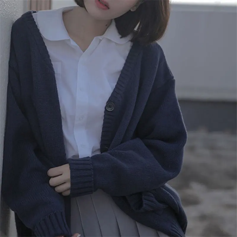 Весенний свитер, пальто с открытым стежком, трикотажная куртка, однотонный кардиган для женщин, Повседневные свитера, топовые куртки, японский кардиган Q532
