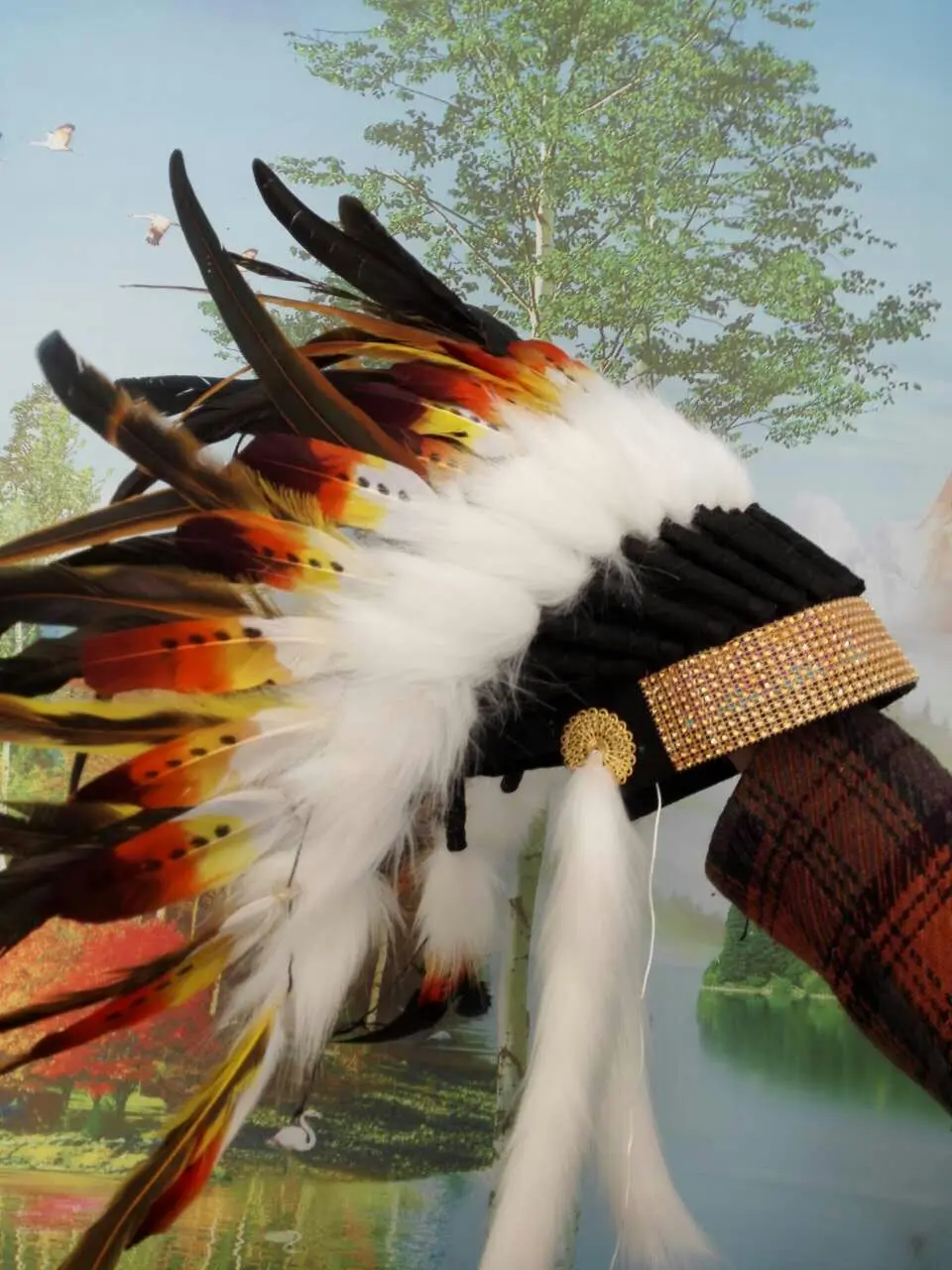 

Orange Indian feather Headdress indian chief feather warbonnet halloween costumeshand made american custome