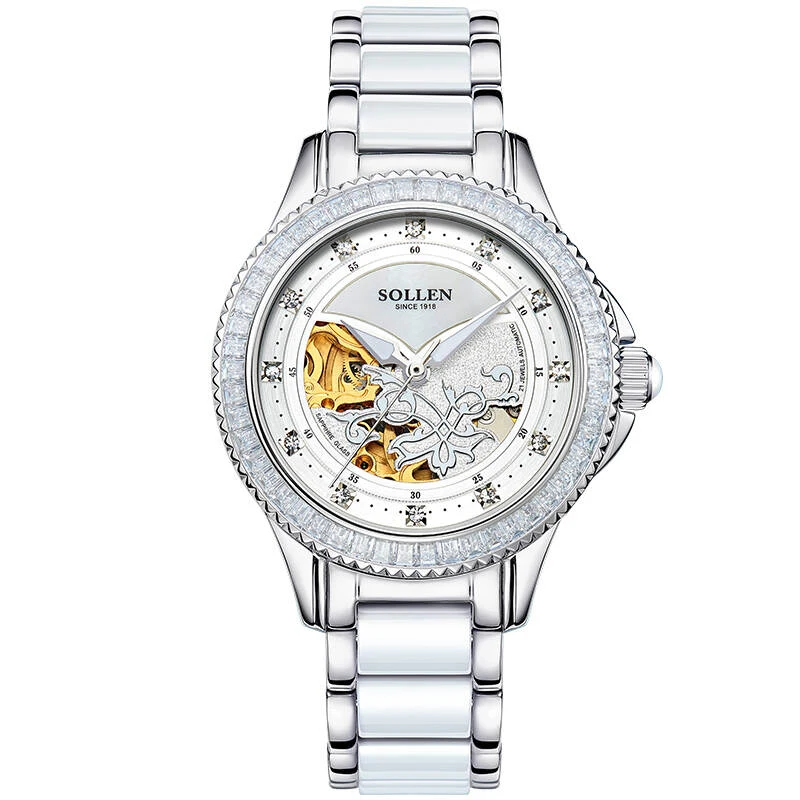 

SOLLEN SL402 watches women luxury automatic mechanical skeleton Romantic butterfly shell Austria diamond sapphire ceramics white