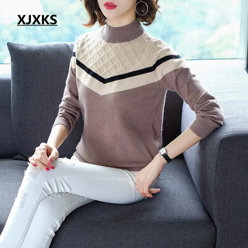 

XJXKS Turtleneck Women Pullovers And Sweaters Knitting High-end Ladies Patchwork Mink Cashmere Sweater For Womens