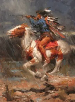 

HIGH QUALITY ABSTRACT ART OIL PAINTING ON CANVAS : INDIANS ON HORSE 24"X36"