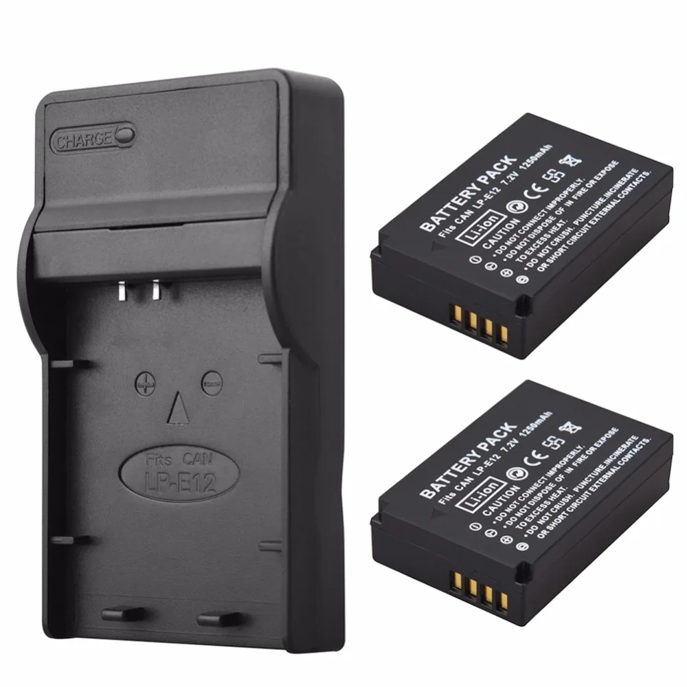 2Pcs 1250mAh LP E12 LPE12 LP E12 Camera Batteries + Charger For Canon