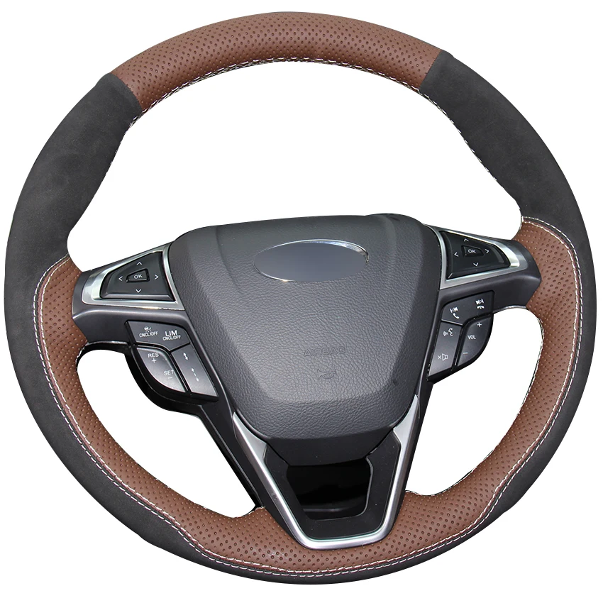 Coffee Natural Leather Black Suede Car Steering Wheel Cover for Ford