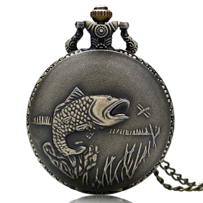 Antique Pocket Watch Vintage Fish Solid Carving Special Fishing Lovers