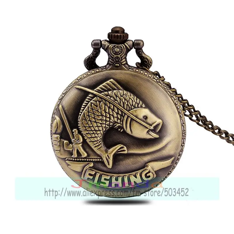 100pcs/lot bronze color fishing carp fish pocket watch quartz necklace