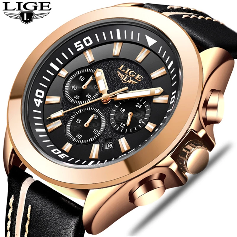 

LIGE Mens Watches Top Brand Luxury Military Sport Watch Men Leather Waterproof Quartz Wrist Watch Male clock Relogio Masculino