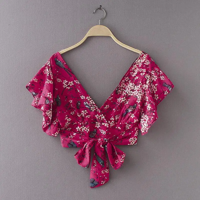 

2018 Women Fashion Bird & Floral print Sexy V neck backless Short Blouse Crop top Summer butterfly sleeve Bow shirt blusas C017