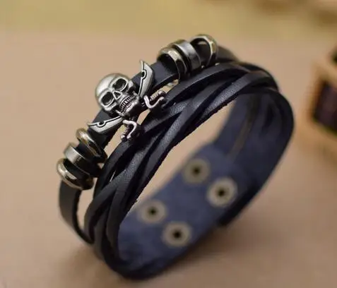 

New Fashion Punk Gothic Rock Cuspidal Leather Wristband Skeleton Bangle Wide Cuff Bracelet For Men Women jewelry