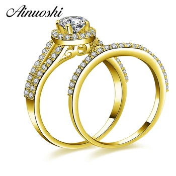 

AINUOSHI 14K Solid Yellow Gold Bridal Ring Set 1ct Round Cut Brilliant Halo Ring Set Engagement Wedding Ring Jewelry for Woman