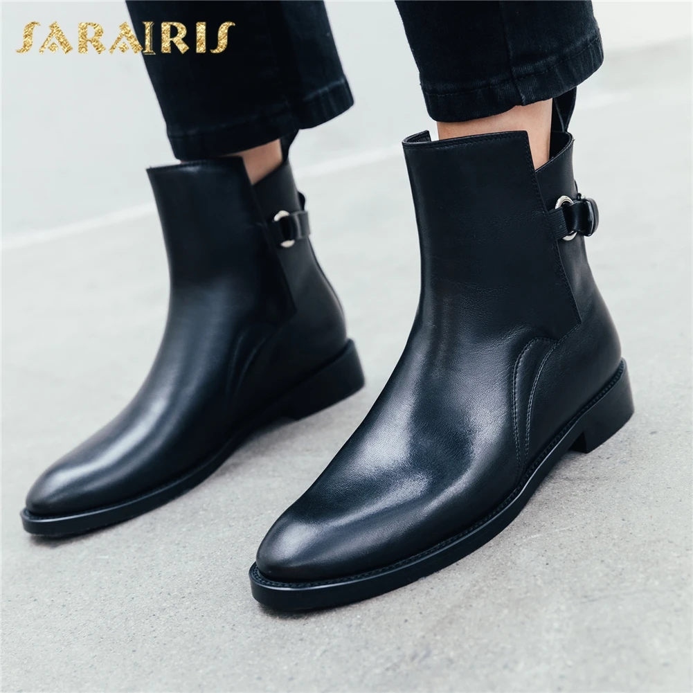 

Sarairis Genuine Cow Leather Chunky Heels Summer Boots Woman Shoes Buckle New Fashion Black Shoes Woman Boots Women