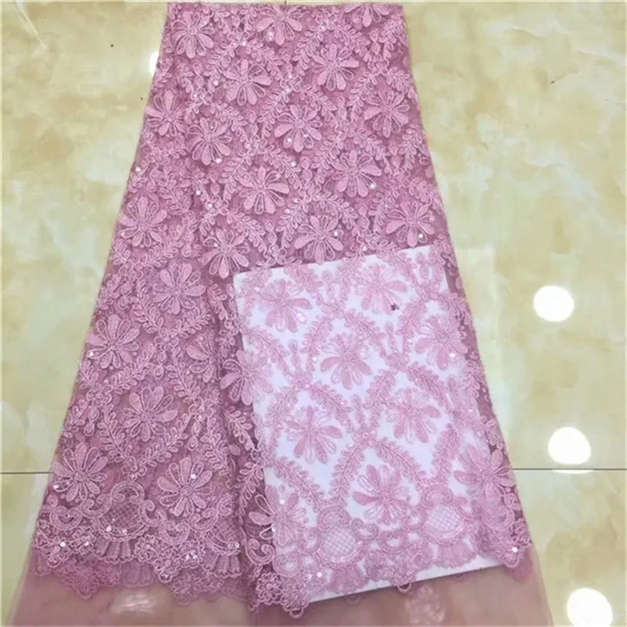 

African Lace Fabric 2019 High Quality Lace Bridal French sequinsLace Fabric Embroidery Nigerian Tulle Mesh Lace Fabric Pink