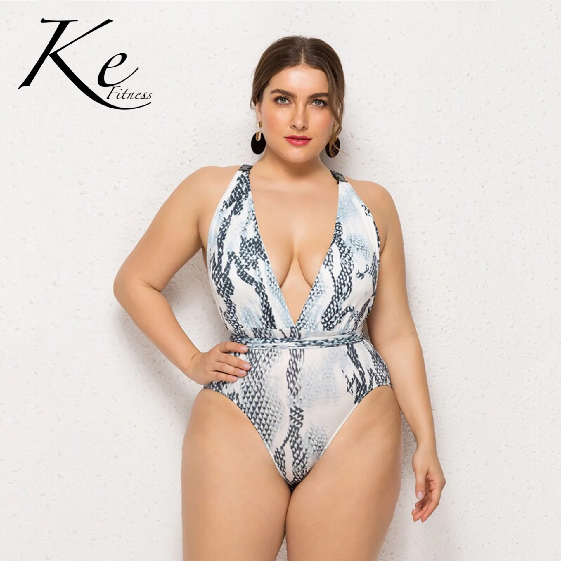 

KE 2019 new women big size swimsuit deep V sexy women's swimwear fat large size snake plus size red grey with pad wire free