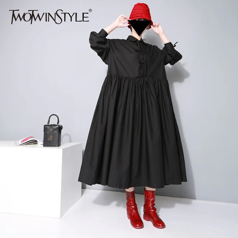 

TWOTWINSTYLE Bow Lace Up Dress Female Lapel Collar Tunic High Waist Ruched Batwing Sleeve Midi Dresses 2019 Spring Fashion New