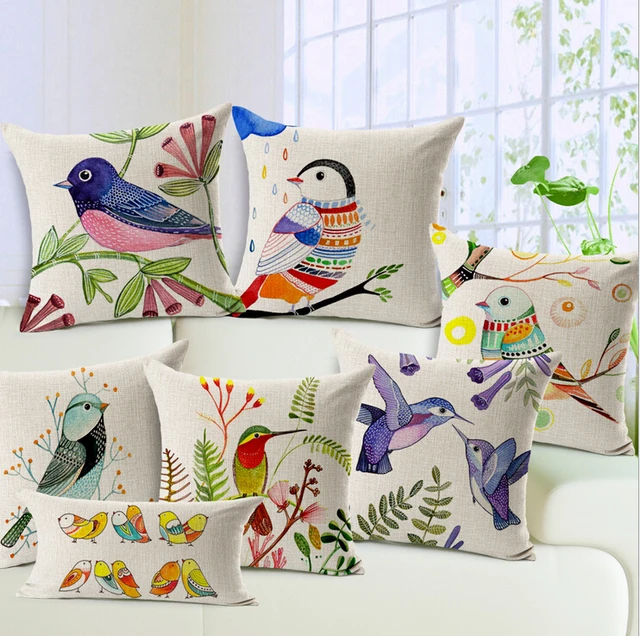 birds decorative pillow Nordic painting linen cushion 45x45 colorful