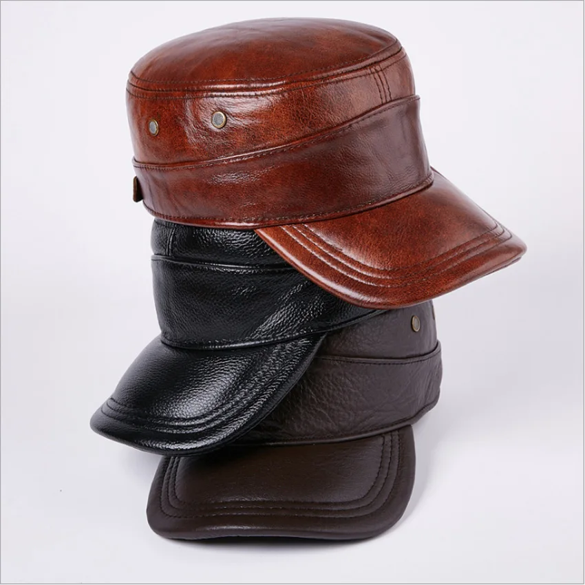 

Genuine Cowhide Leather Caps Fashion Warm Military Octagonal Hats Luxury Design Adjustable Visors Cap With Earflap MZ37