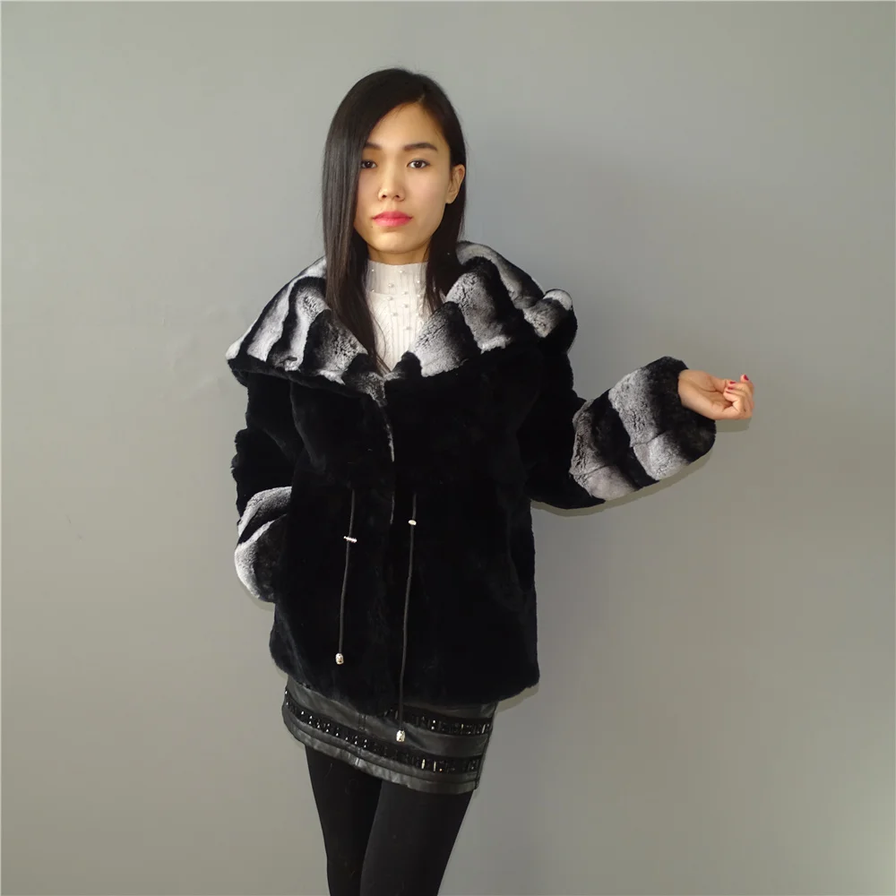 Короткие высококачественные Шиншилла Шубы для женщин куртка с мехом кролика рекс верхняя одежда черное меховое пальто с капюшоном верхняя одежда зимняя серая полоса