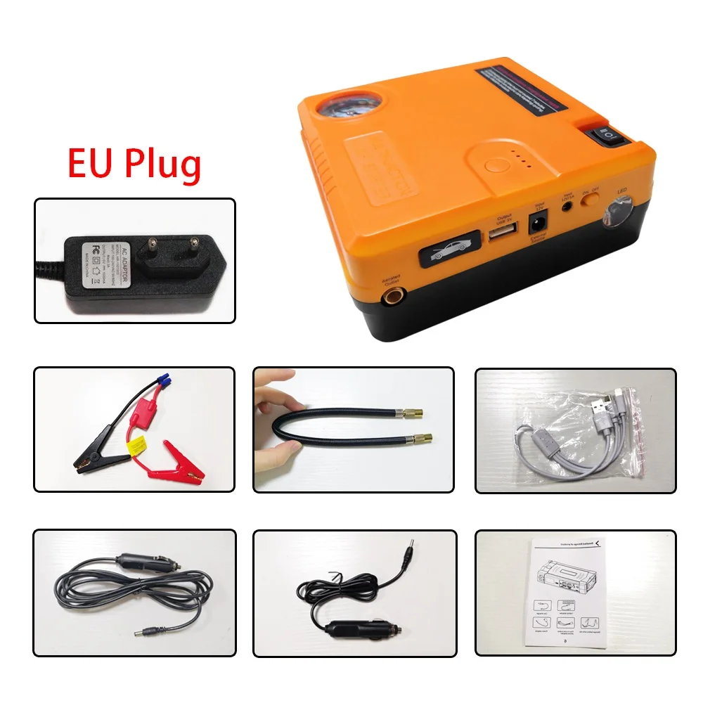 EU Plug Автомобильное пусковое устройство, воздушный насос, портативное зарядное устройство, пусковое устройство для бензинового дизельного автомобильного аккумулятора, зарядное устройство 12 В, многофункциональное - Цвет: EU Plug