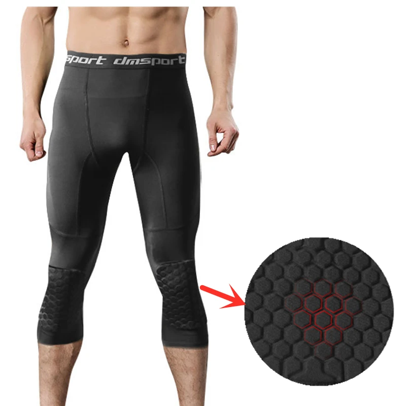 

Men's Cropped Sports Pants Honeycomb Compression Kneepad Anti-collision Sportswear Quick Dry Running Fitness Training Gym Tights
