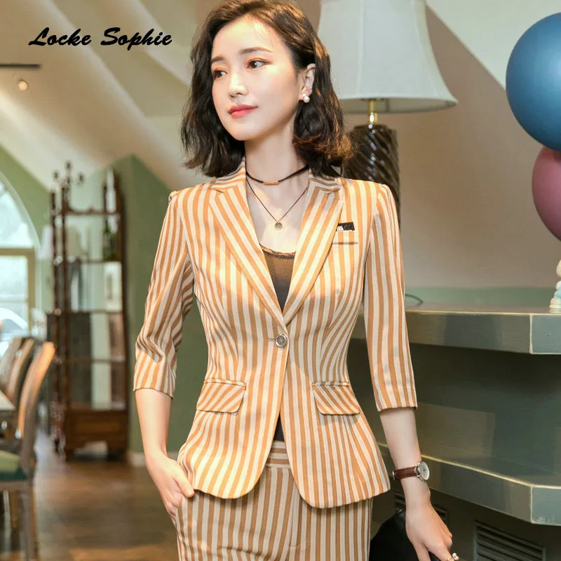 

1pcs Women's Blazers coats 2020 Autumn cotton Splicing stripe Small Suits jackets ladies Skinny Office Blazers Suits coats Girls