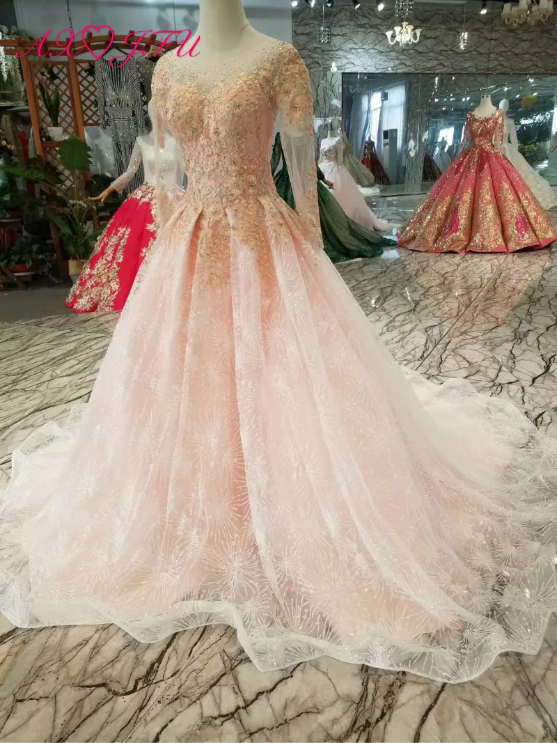 AXJFU роскошное розовое кружевное свадебное платье принцессы, с круглым вырезом, бисером, розовым цветком, розовое кружевное свадебное