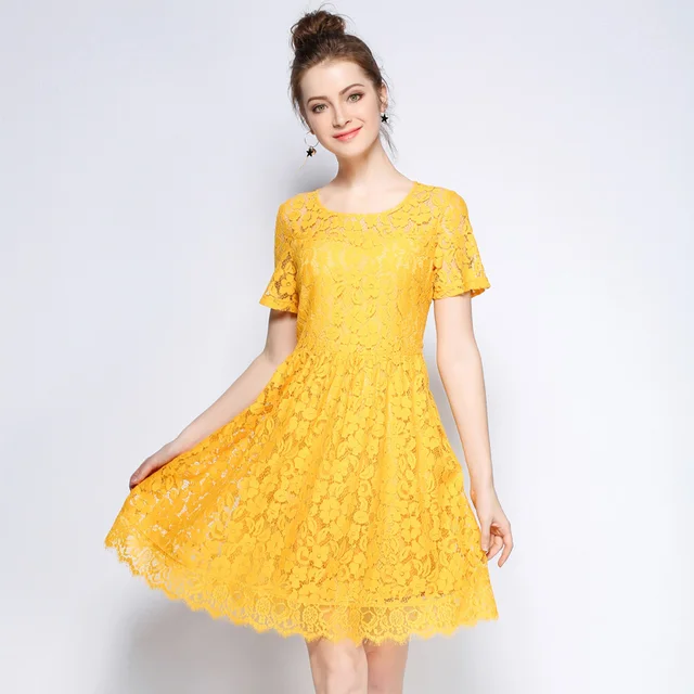 Yellow Knee Length Lace Dress