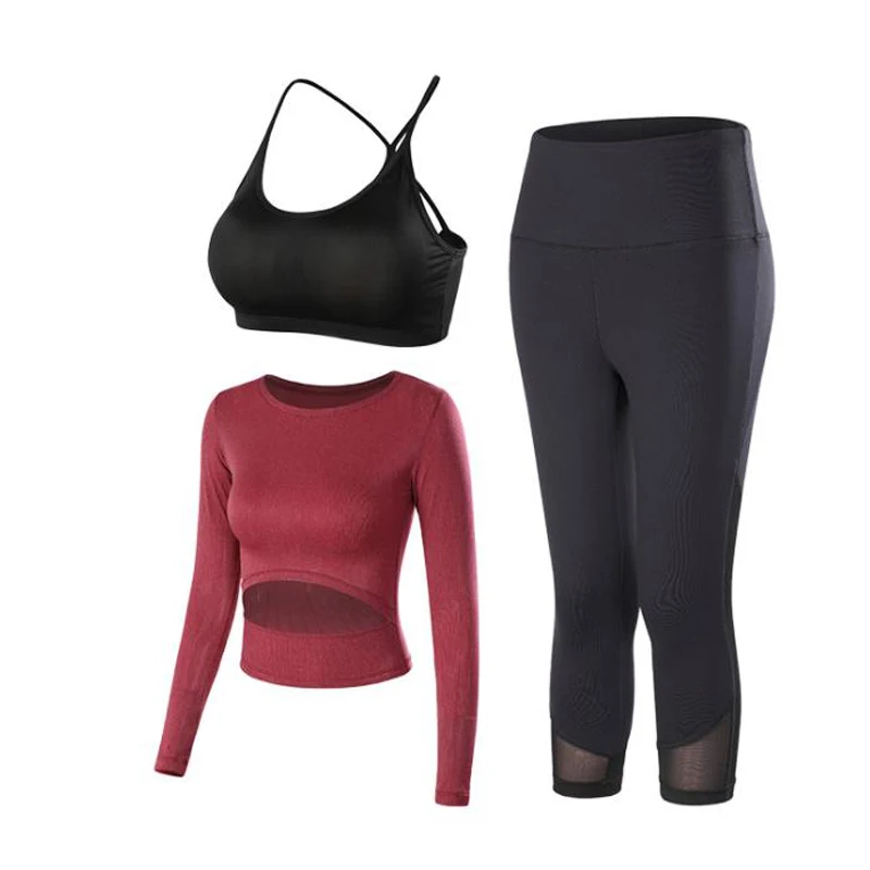 

Yoga Set Gym Clothing Long Sleeve Shirts + Cropped Leggings Workout Sport Suit Women Fitness Set Active Wear,YJ-011