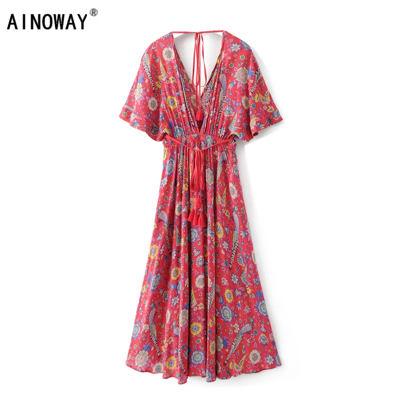 

Vintage chic women vestidos red Floral print bat sleeve beach Bohemian rayon maxi dresses Ladies V neck Tassel Boho dress