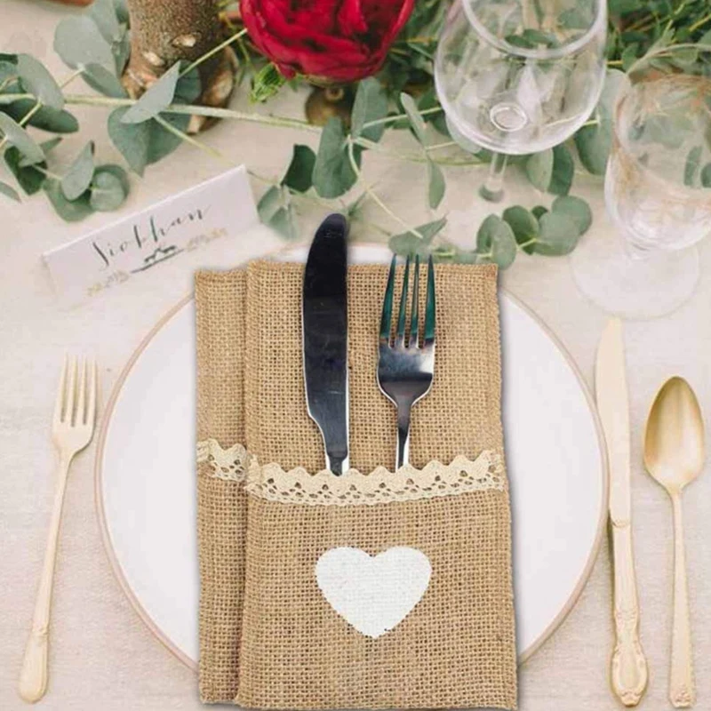 

100Pcs Jute Hessian Tableware Pouch Pocket Love Cutlery Knife Fork Holder for Rustic Wedding Party Decoration Supplies
